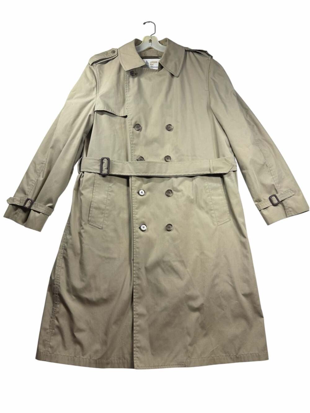 Vintage London Fog Maincoats Trench Coat 46 Long Beige Made USA Zip Liner Belt